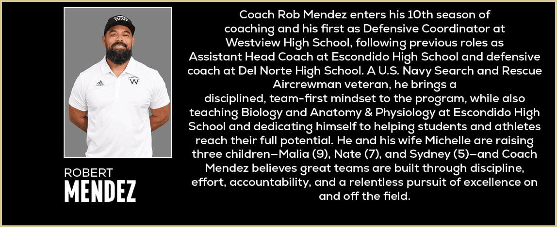 Coach Rob Mendez enters his 10th season of coaching and his first as Defensive Coordinator at Westview High School, f...