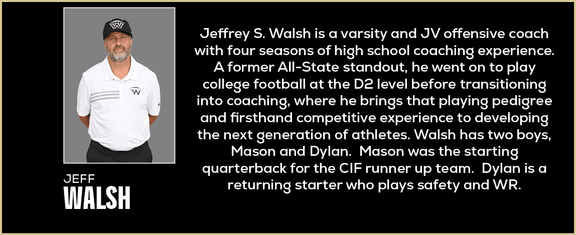  Jeffrey S. Walsh is a varsity and JV offensive coach with four seasons of high school coaching experience. A former ...