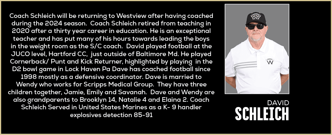  Coach Schleich will be returning to Westview after having coached during the 2024 season. Coach Schleich retired fro...