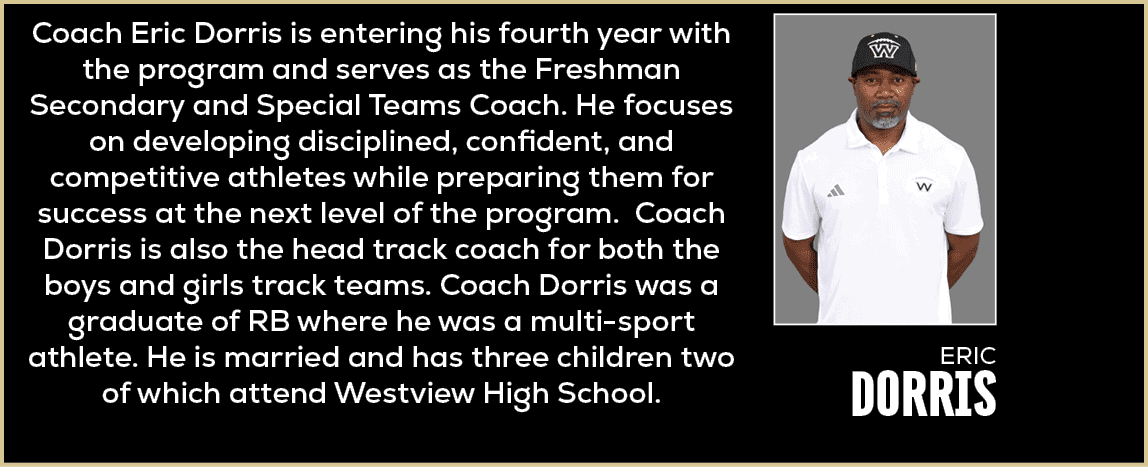 Coach Eric Dorris is entering his fourth year with the program and serves as the Freshman Secondary and Special Teams...