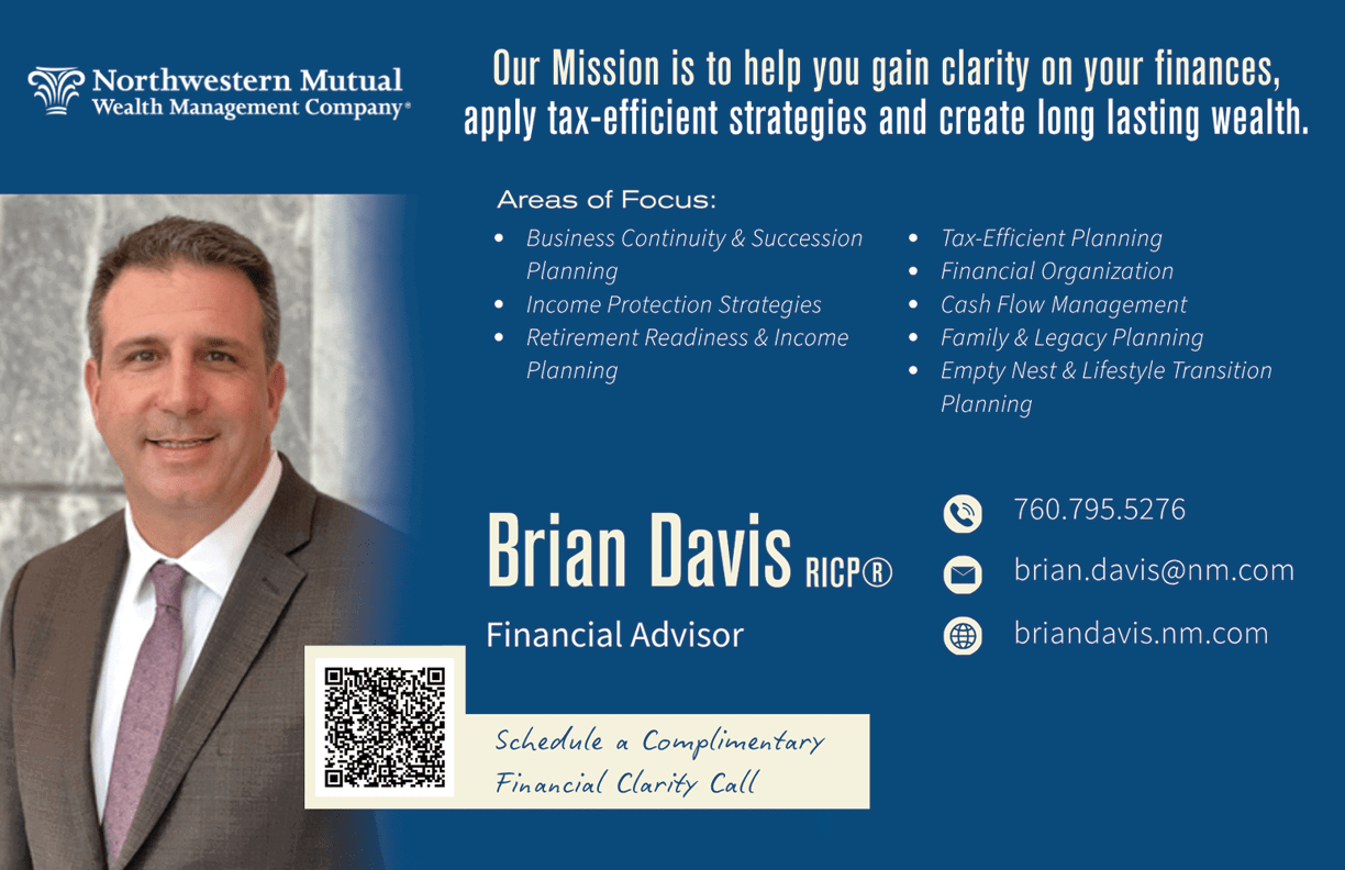 A professional business card with a blue background displaying the name Brian Davis RICP and a list of financial planning services including income protection strategies and retirement readiness. Description generated by AI
