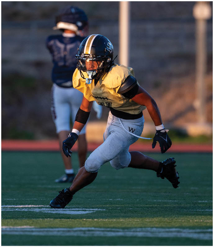 A person wearing a football uniform and helmet is running on a field with another person standing in the background. Description generated by AI