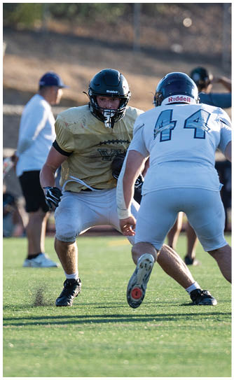 Two people wearing football helmets and uniforms are facing each other on a grassy field with one person in a gold jersey and the other in a white jersey numbered 44. Description generated by AI