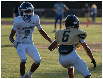 Two people in football uniforms are on a field with one person wearing a gold jersey with the number six running while the other in a white jersey with the number seven appears to be defending. Description generated by AI