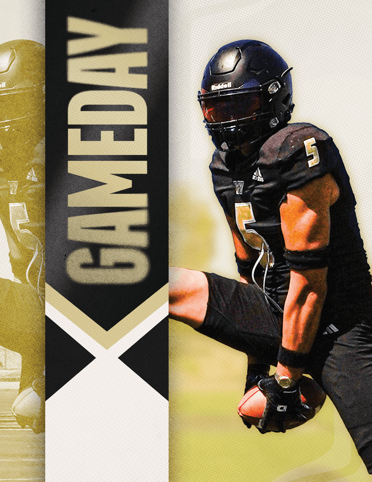A person wearing a black football uniform with the number 5 is holding a football and appears to be in motion next to a vertical banner that says GAMEDAY. Description generated by AI