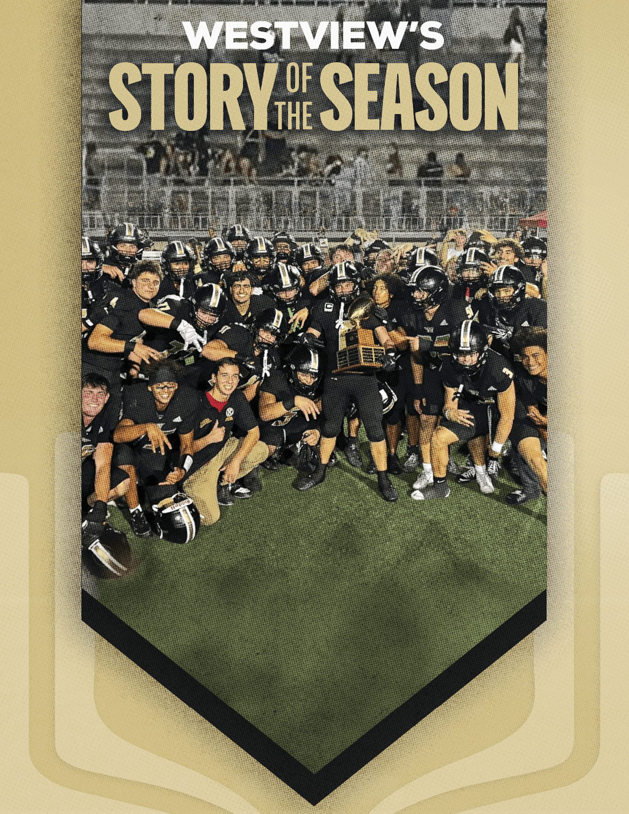 A group of people in black football uniforms and helmets pose together outdoors under a clear blue sky with the text “Westview's Story of the Season" above them. Description generated by AI