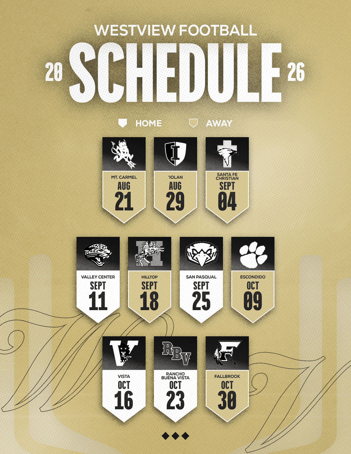 Westview Football 2026 schedule displayed with home and away game dates and team logos on a gold textured background. Description generated by AI
