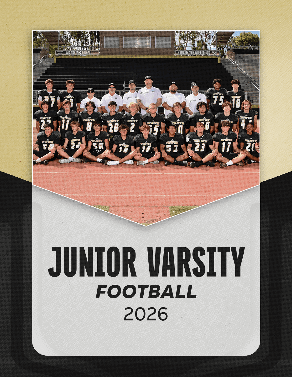 A group of people wearing black football uniforms and white shirts pose together on a football field with bleachers in the background above text that reads Junior Varsity Football 2026. Description generated by AI
