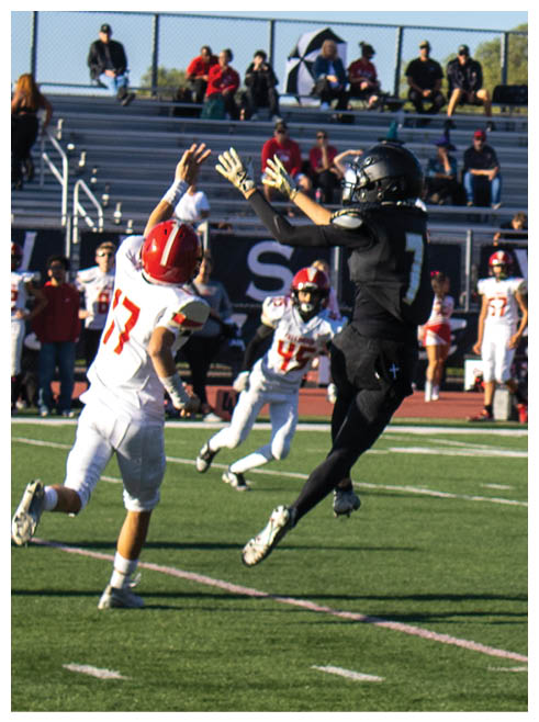Two people in football uniforms are jumping and reaching for the ball on a field with spectators in the background. Description generated by AI