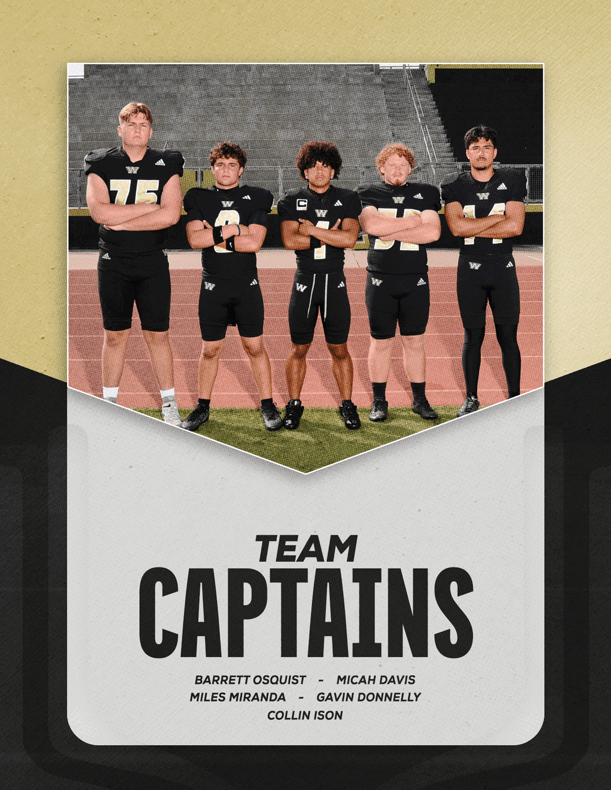 Five adults wearing black sports uniforms stand with arms crossed on a football field with stadium seating in the background above text that reads team captains 2026. Description generated by AI