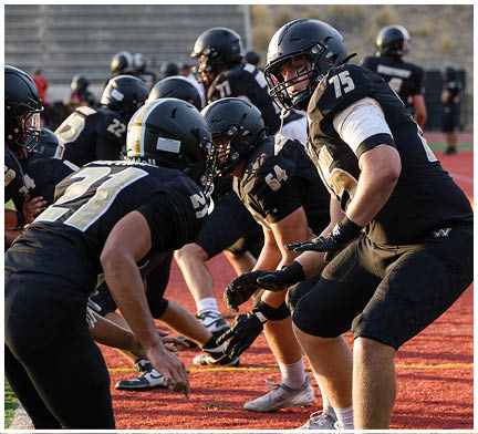 A football game is taking place with a group of men on the field. Description generated by AI