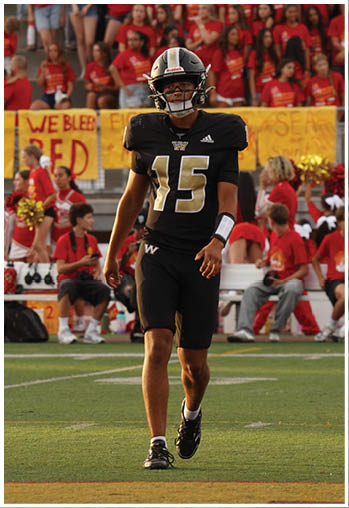 A football player running on the field. Description generated by AI