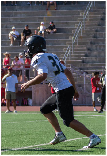 A football player running on the field. Description generated by AI