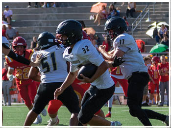 A football player running on the field. Description generated by AI