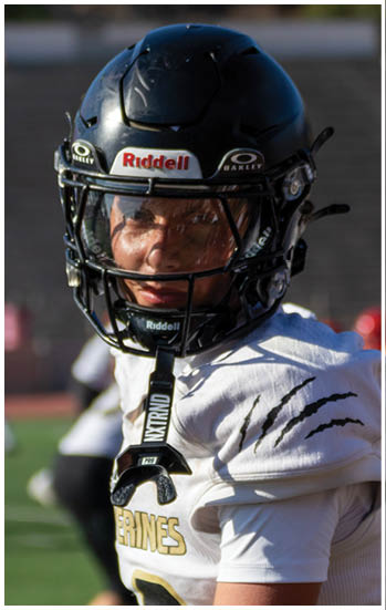 A football player running on the field. Description generated by AI