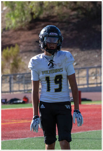 A football player running on the field. Description generated by AI