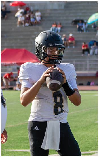 A football player running on the field. Description generated by AI
