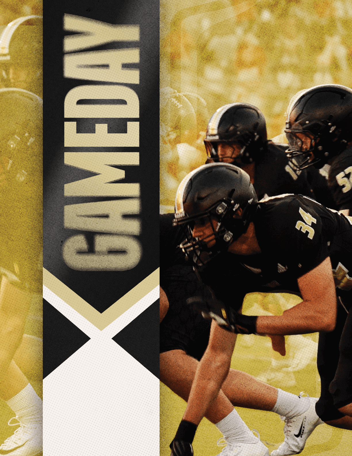 A person wearing a black football uniform with the number 5 is holding a football and appears to be in motion next to a vertical banner that says GAMEDAY. Description generated by AI