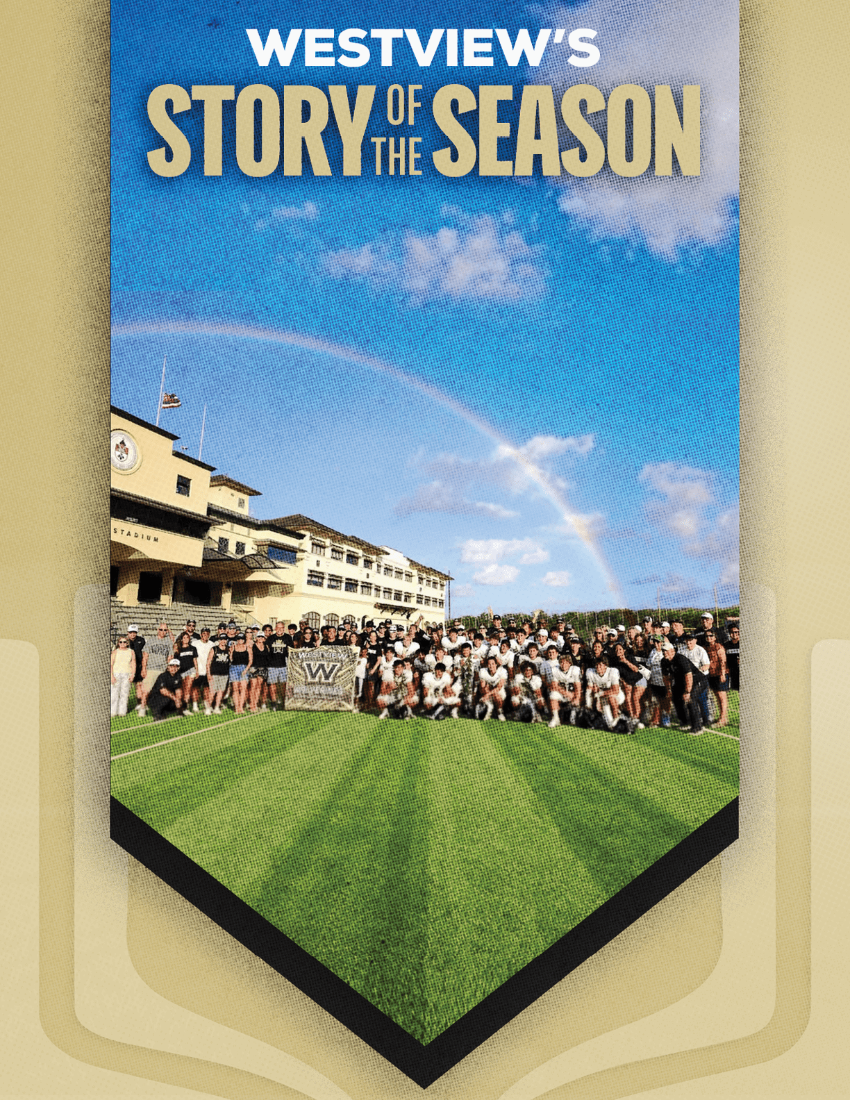 A group of people in black football uniforms and helmets pose together outdoors under a clear blue sky with the text “Westview's Story of the Season" above them. Description generated by AI