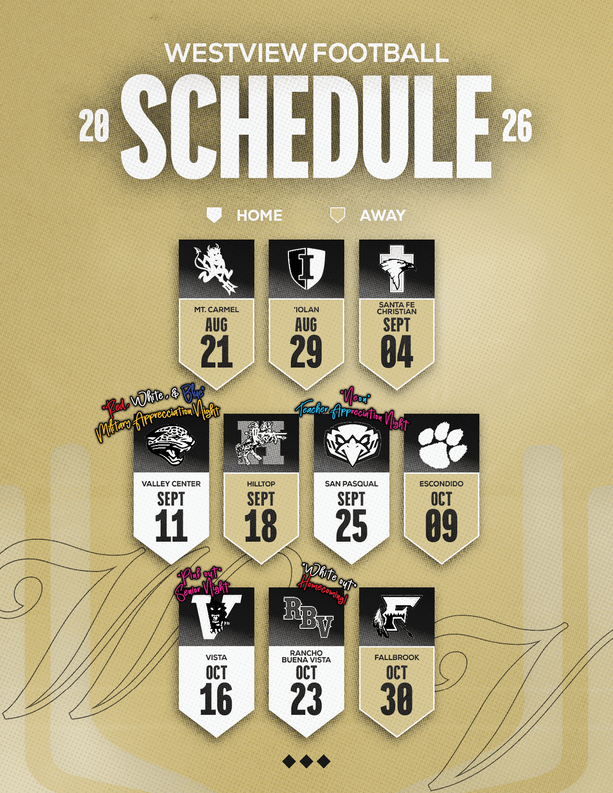 Westview Football 2026 schedule displayed with home and away game dates and team logos on a gold textured background. Description generated by AI