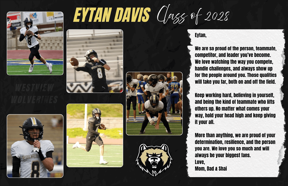 A sports collage features a person in a football uniform in various action poses on the field alongside a heartfelt letter from family expressing pride and encouragement for their achievements and character. Description generated by AI