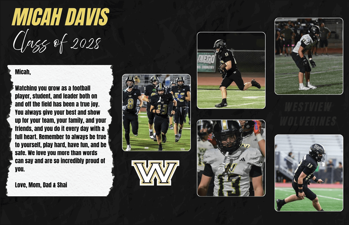 A sports tribute collage features a heartfelt letter to Micah Davis from family, four action photos of a football player in black and white uniform on the field, and the Westview Wolverines logo on a black textured background. Description generated by AI