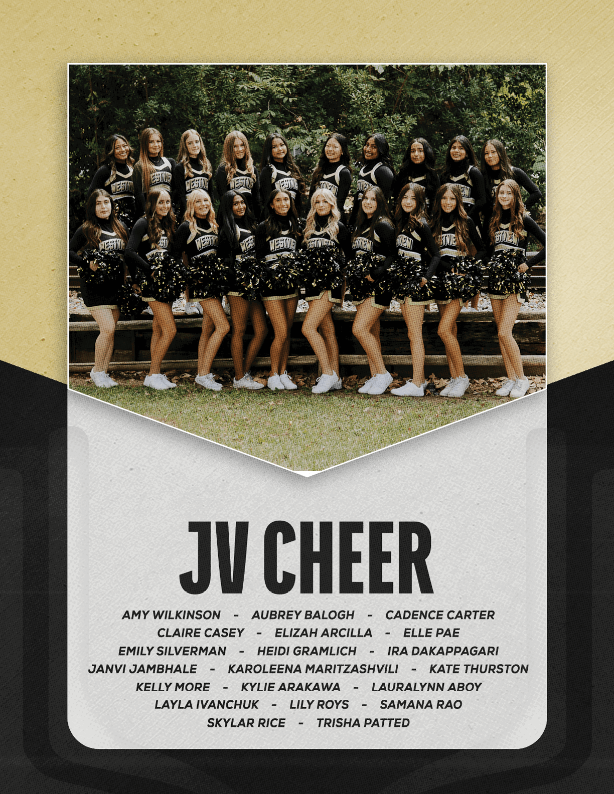 A group of people wearing matching cheerleading uniforms and holding pom-poms pose outdoors on bleachers with the text JV Cheer 2026 below them. Description generated by AI