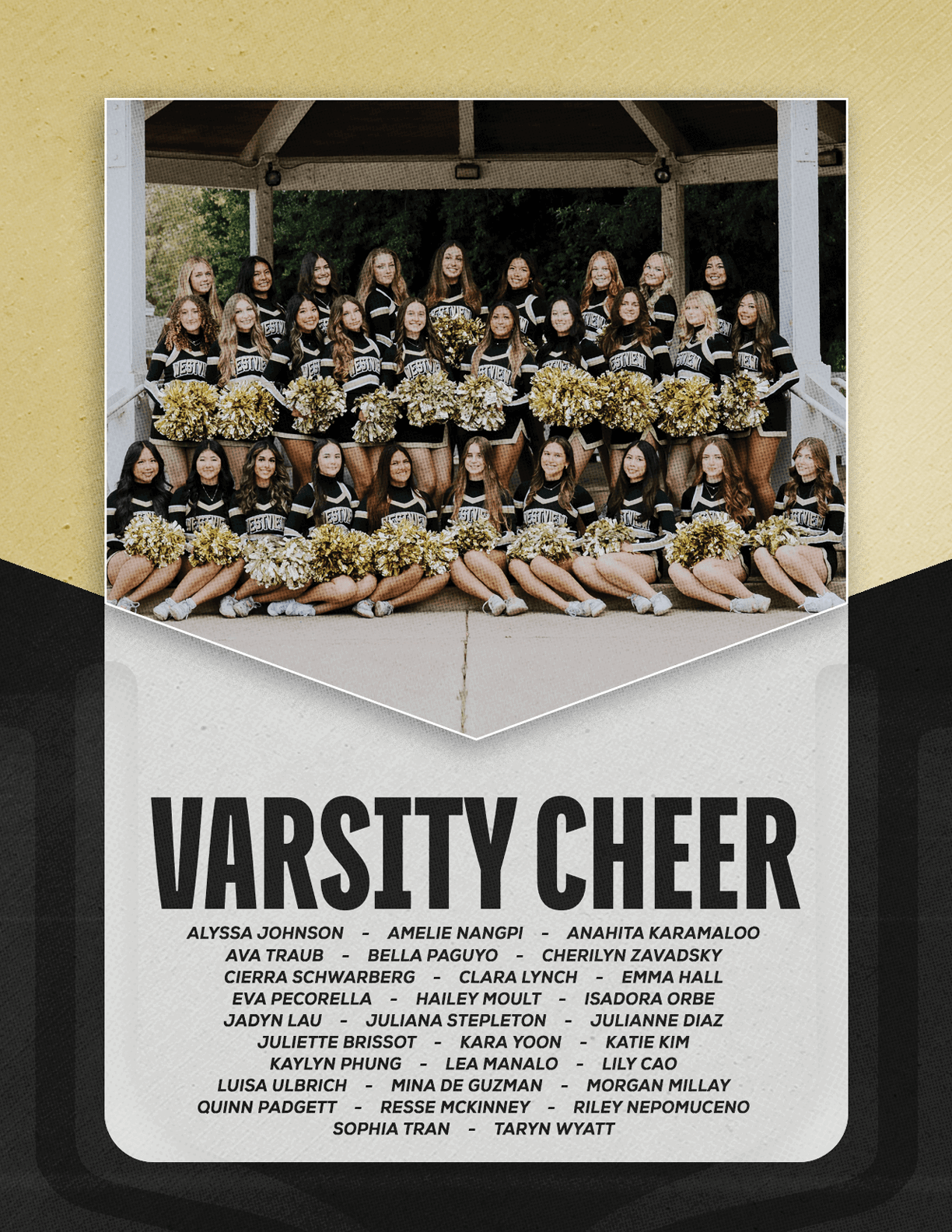 A large group of people in matching cheerleading uniforms with pom-poms pose together outdoors under a pavilion with the text varsity cheer 2026 below them. Description generated by AI