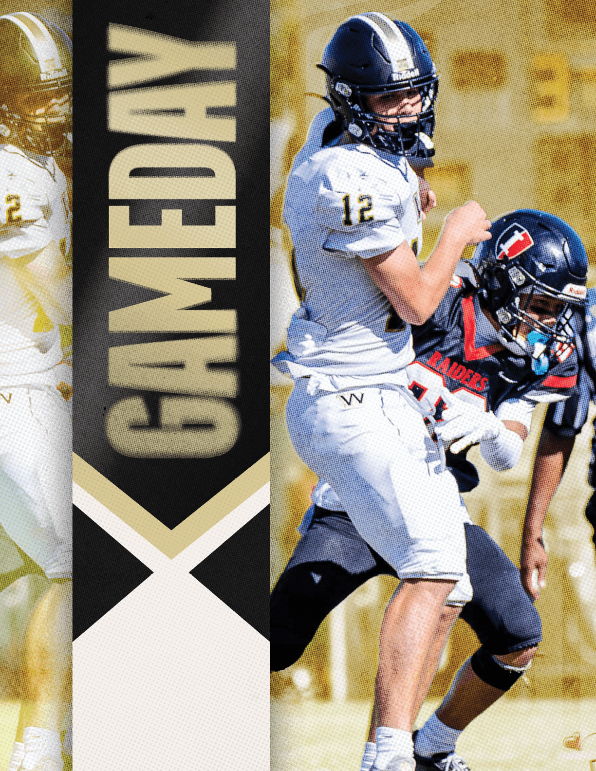 A person wearing a black football uniform with the number 5 is holding a football and appears to be in motion next to a vertical banner that says GAMEDAY. Description generated by AI