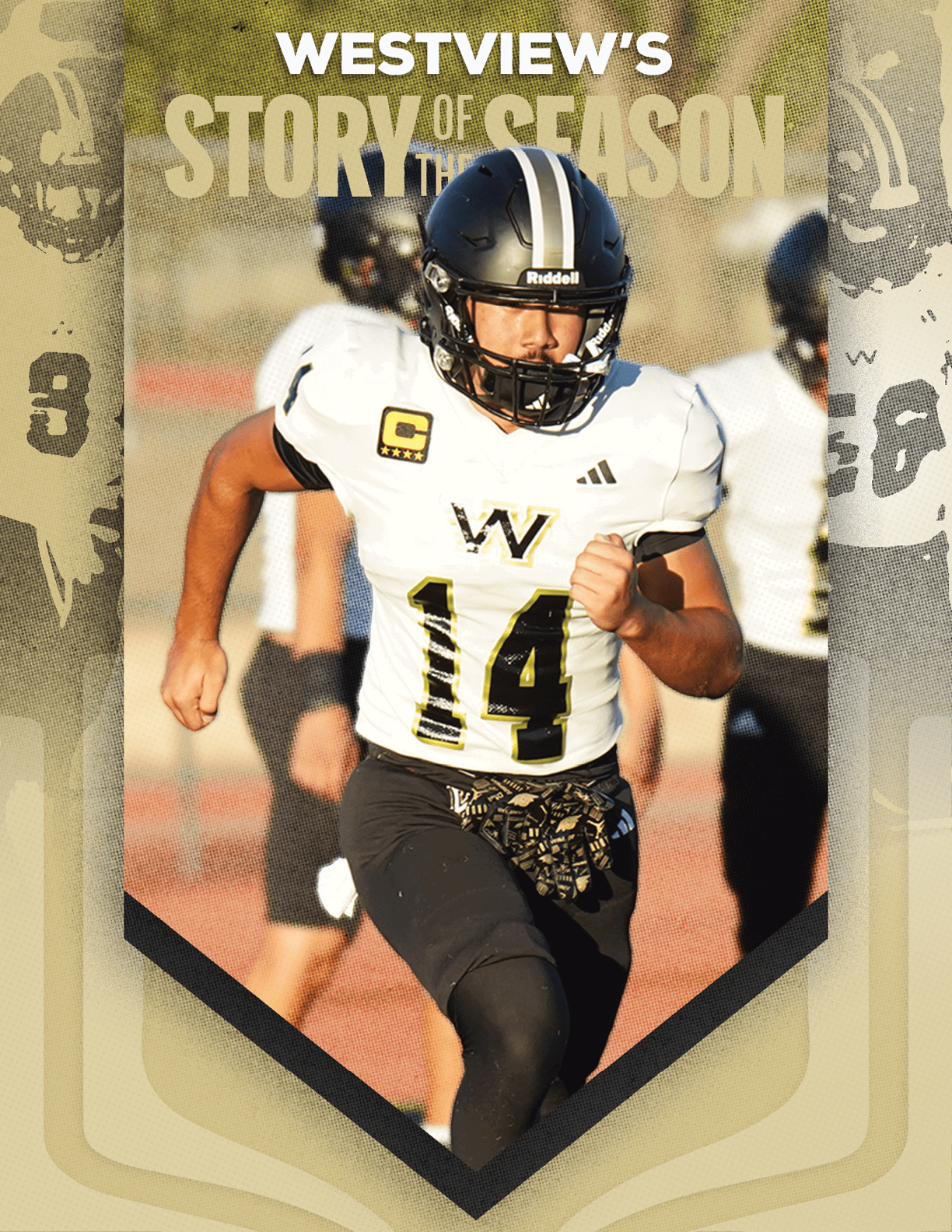 A group of people in black football uniforms and helmets pose together outdoors under a clear blue sky with the text “Westview's Story of the Season" above them. Description generated by AI
