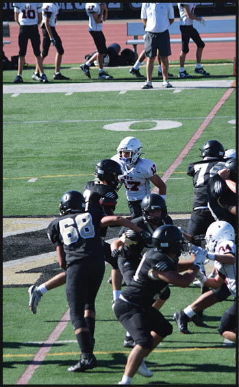 A football player running on the field. Description generated by AI