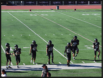 A football player running on the field. Description generated by AI
