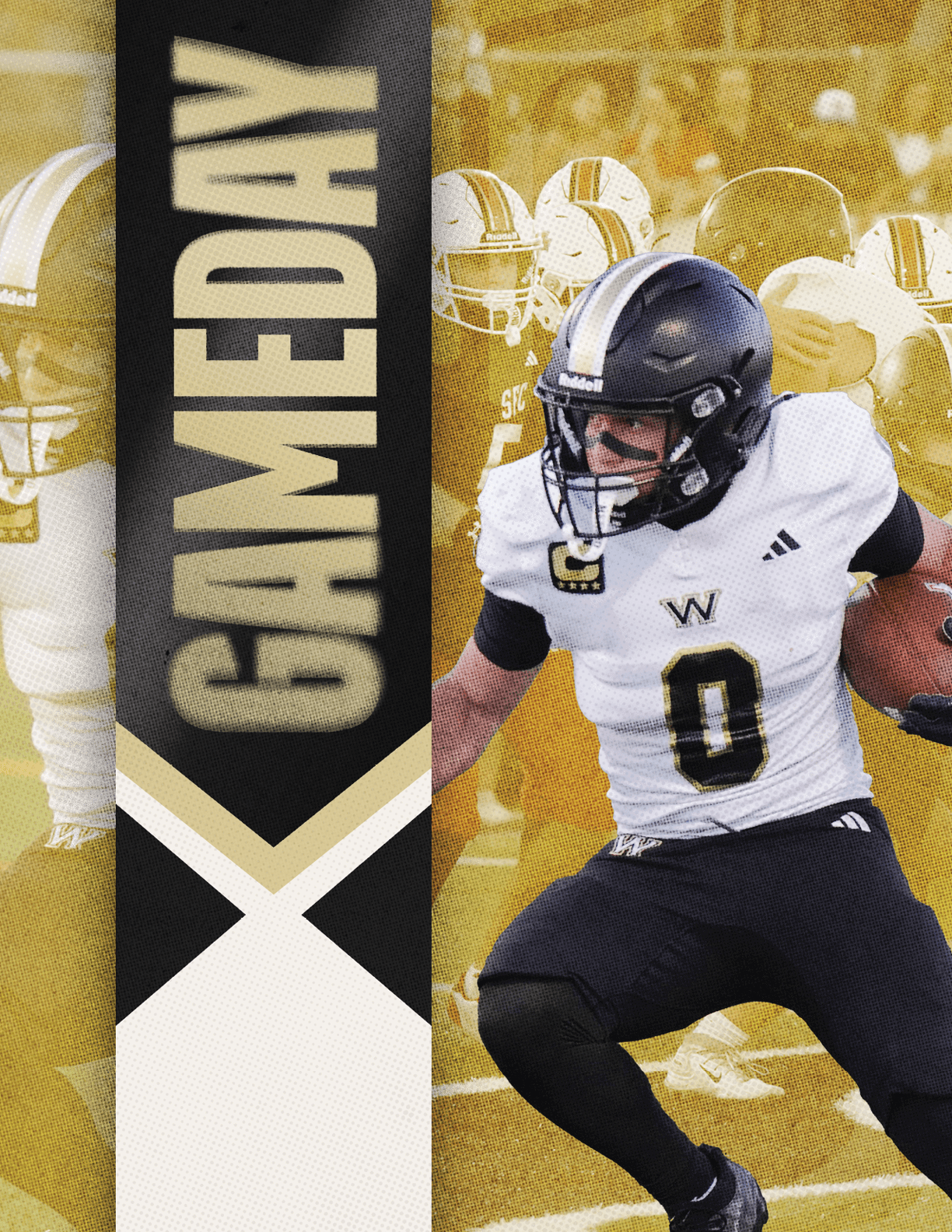 A person wearing a black football uniform with the number 5 is holding a football and appears to be in motion next to a vertical banner that says GAMEDAY. Description generated by AI