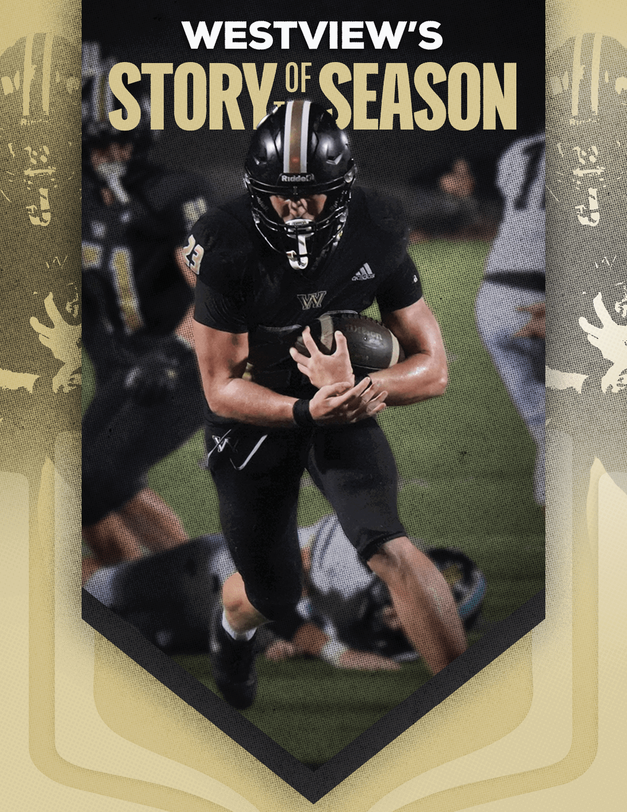 A group of people in black football uniforms and helmets pose together outdoors under a clear blue sky with the text “Westview's Story of the Season" above them. Description generated by AI