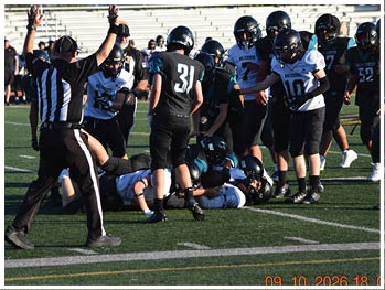 A football player running on the field. Description generated by AI