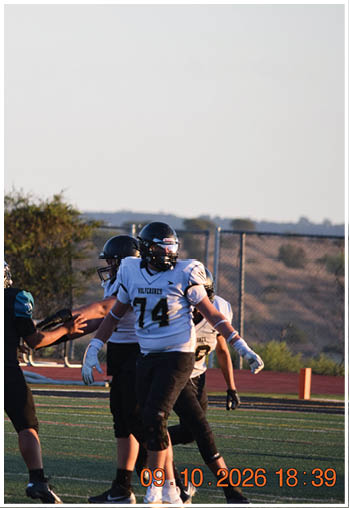 A football player running on the field. Description generated by AI