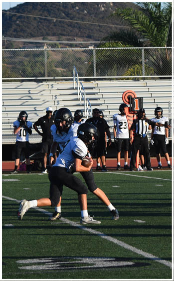 A football player running on the field. Description generated by AI