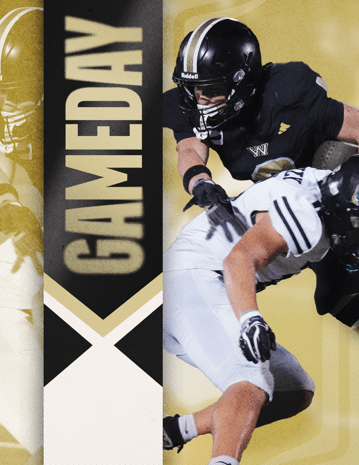 A person wearing a black football uniform with the number 5 is holding a football and appears to be in motion next to a vertical banner that says GAMEDAY. Description generated by AI