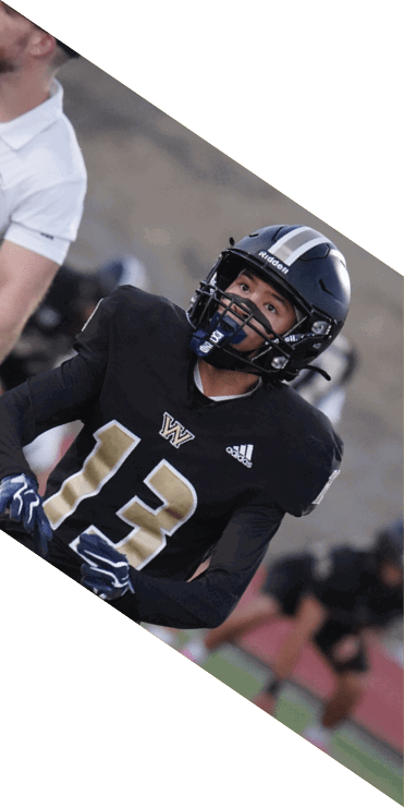 Two football players are on the field, one jumping in the air while the other is running. A referee is also present, watching the play. AI generated content