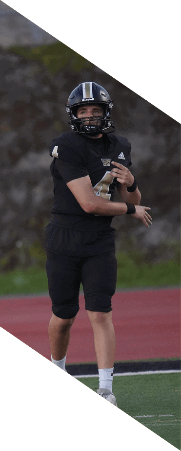 A football player wearing a helmet and white uniform is holding his helmet above his head. AI generated content