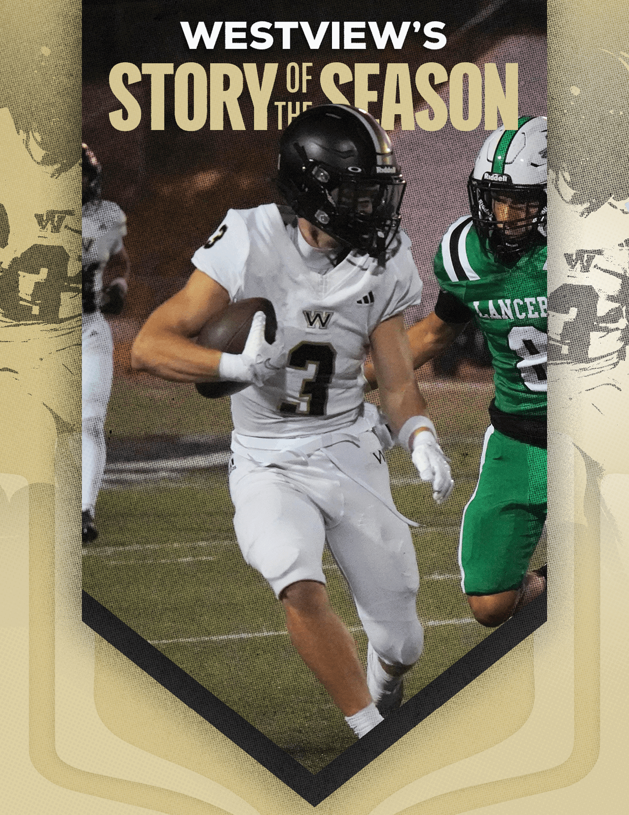 An adult in a white football uniform with the number 3 is running with the ball while being pursued by an adult in a green football uniform on a field with text above reading Westview's Story of the Season. Description generated by AI