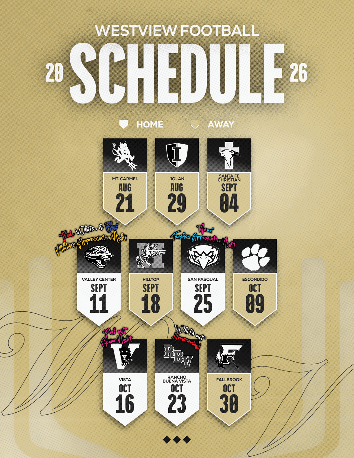 Westview Football 2026 schedule displayed with home and away game dates and team logos on a gold textured background. Description generated by AI