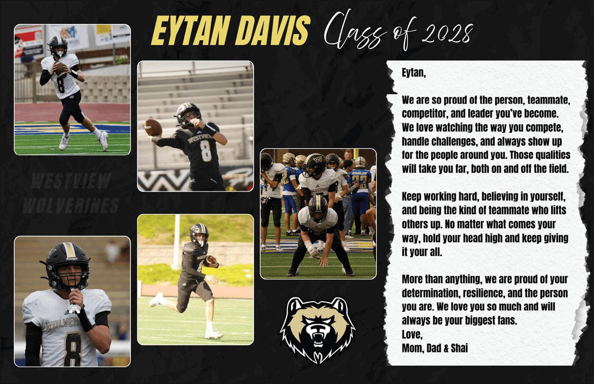 A sports collage features a person in a football uniform in various action poses on the field alongside a heartfelt letter from family expressing pride and encouragement for their achievements and character. Description generated by AI
