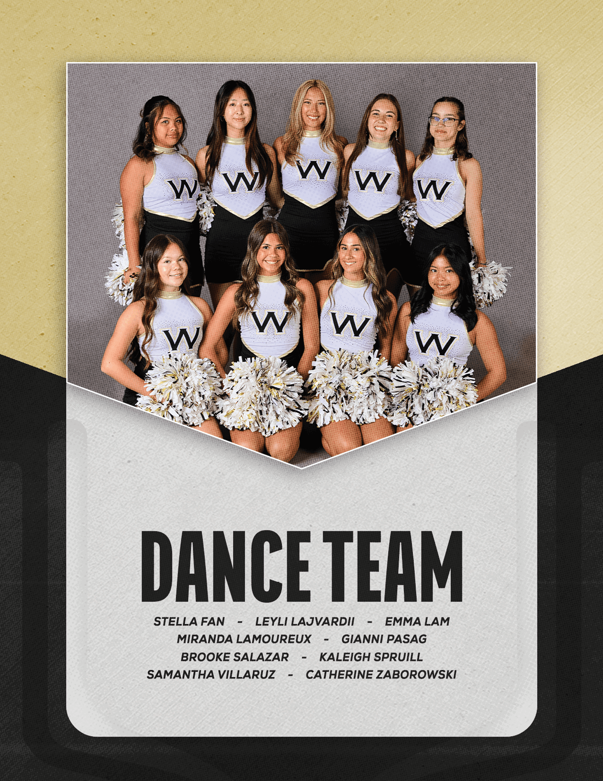 A group of eight adults wearing matching white and black dance uniforms with pom-poms pose together above text that reads dance team with their names listed below. Description generated by AI