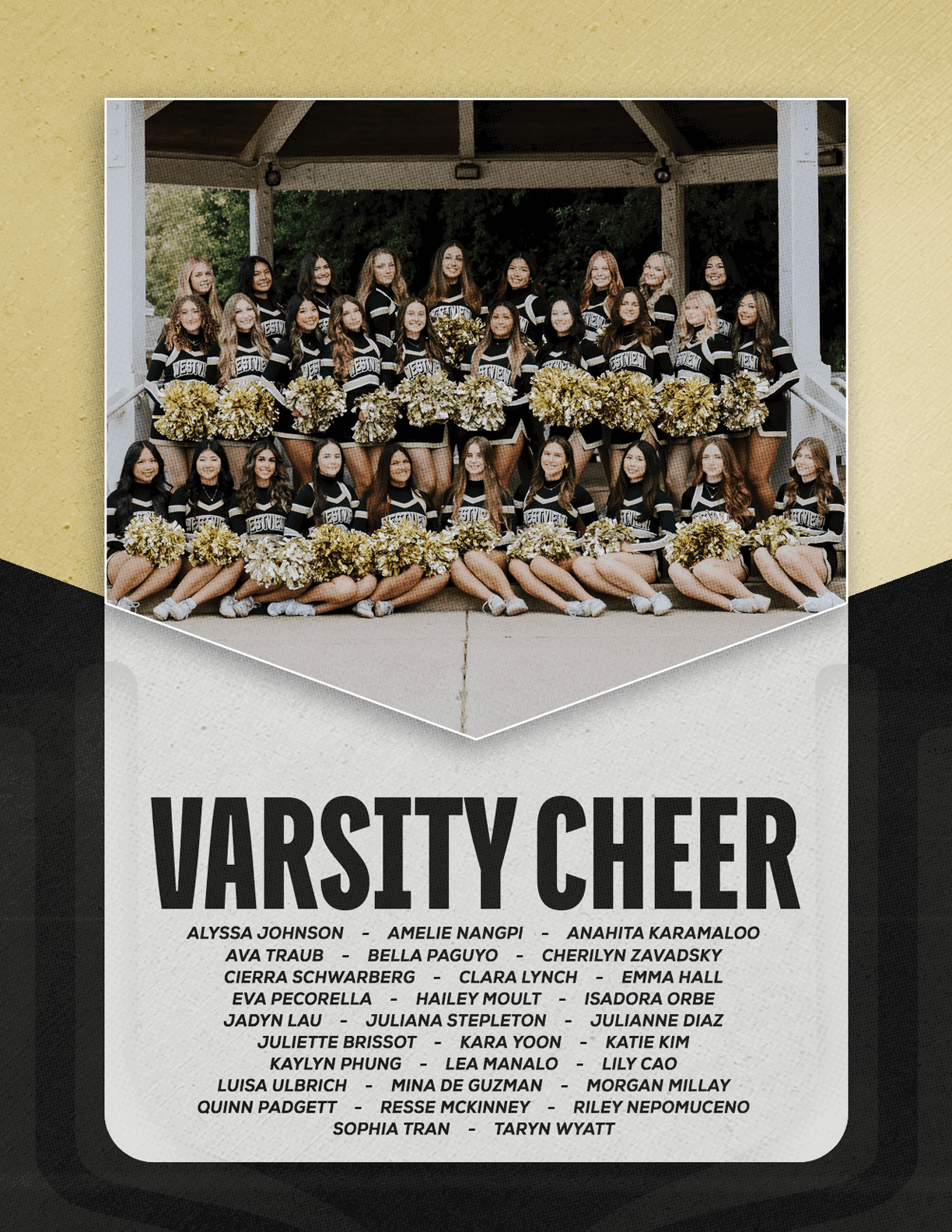 A large group of people in matching cheerleading uniforms with pom-poms pose together outdoors under a pavilion with the text varsity cheer 2026 below them. Description generated by AI