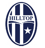 A navy blue and white oval logo with the word HILLTOP across the center, featuring a star in the lower right section and vertical and curved lines creating a stylized design. Description generated by AI