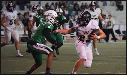 A person in a white football uniform is running with the ball while being pursued by a person in a green football uniform on a field with spectators in the background. Description generated by AI