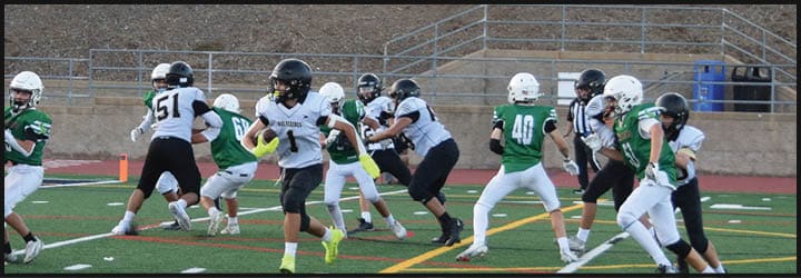 People wearing sports uniforms are actively running and playing on a marked outdoor football field. Description generated by AI