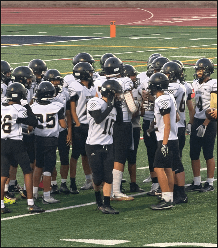 A group of people wearing black helmets and white sports jerseys are gathered on a football field near the sideline. Description generated by AI