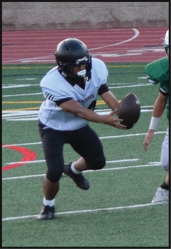 A person wearing a green football jersey with the number 25 and a white helmet is running on a football field. Description generated by AI